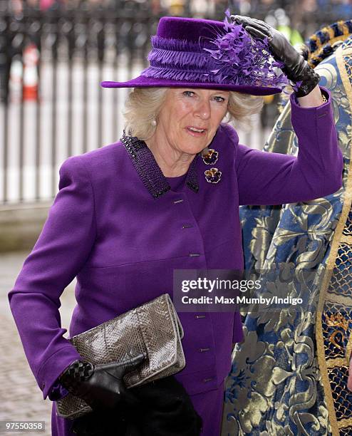 Camilla Duchess of Cornwall holds onto her hat in the high wind as she attends the Commonwealth Day Observance Service at Westminster Abbey on March...