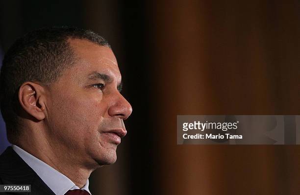 New York Governor David Paterson speaks during a town hall meeting at Borough Hall March 8, 2010 in the Brooklyn borough of New York City. The...