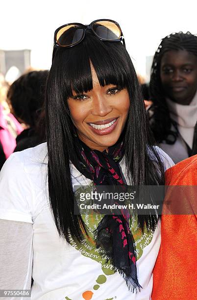 Model Naomi Campbell attends the Women For Women International "Join Me On The Bridge" Global Campaign at Brooklyn Bridge on March 8, 2010 in New...