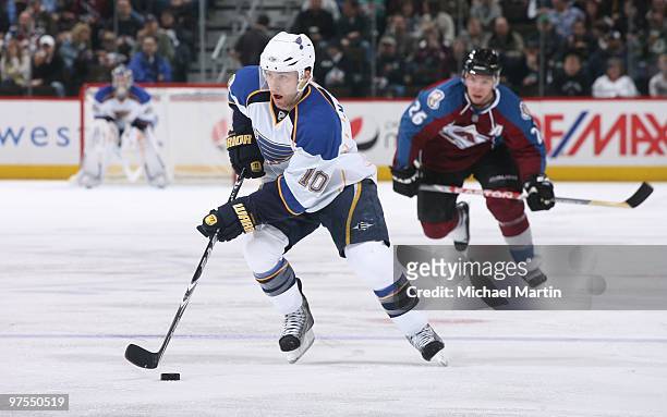 Andy McDonald of the St. Louis Blues skates against the Colorado Avalanche at the Pepsi Center on March 6, 2010 in Denver, Colorado. The Avalanche...