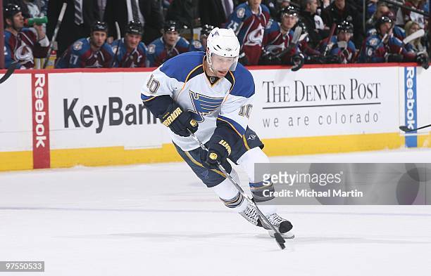 Andy Mcdonald of the St. Louis Blues skates against the Colorado Avalanche at the Pepsi Center on March 6, 2010 in Denver, Colorado. The Avalanche...