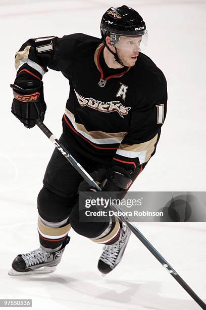 Saku Koivu of the Anaheim Ducks skates on the ice against Montreal Canadiens during the game on March 7, 2010 at Honda Center in Anaheim, California.