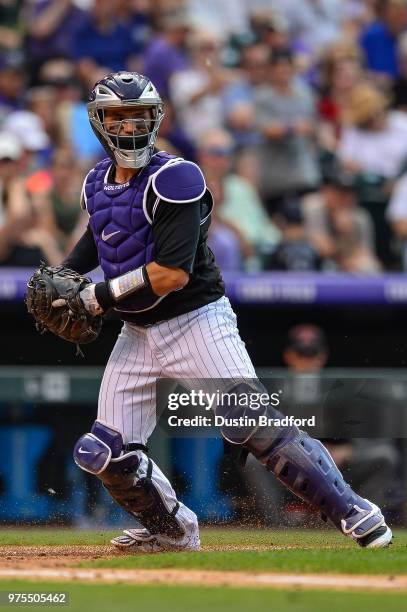 Tony Wolters of the Colorado Rockies plays defense against the Arizona Diamondbacks at Coors Field on June 9, 2018 in Denver, Colorado.