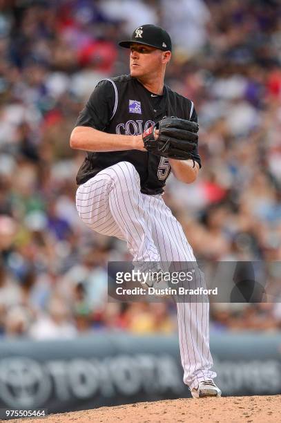 Jake McGee of the Colorado Rockies pitches against the Arizona Diamondbacks at Coors Field on June 9, 2018 in Denver, Colorado.
