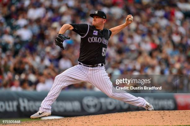 Jake McGee of the Colorado Rockies pitches against the Arizona Diamondbacks at Coors Field on June 9, 2018 in Denver, Colorado.