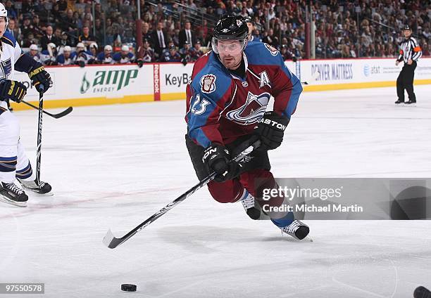 Milan Hejduk of the Colorado Avalanche skates against the St. Louis Blues at the Pepsi Center on March 6, 2010 in Denver, Colorado. The Avalanche...