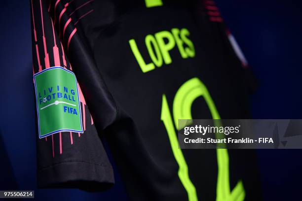 Detailed view of Anthony Lopes of Portugal's shirt is seen inside the dressing room prior to the 2018 FIFA World Cup Russia group B match between...