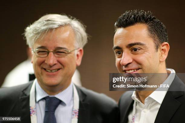 Former Spain player Xavi looks on during the 2018 FIFA World Cup Russia group B match between Portugal and Spain at Fisht Stadium on June 15, 2018 in...