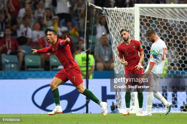 Cristiano Ronaldo of Portugal celebrates after scoring his team's second goal during the 2018 FIFA World Cup Russia group B match between Portugal...