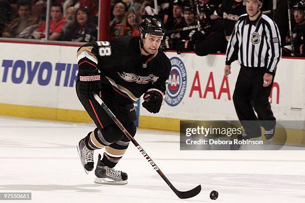 Kyle Chipchura of the Anaheim Ducks controls the puck against the Montreal Canadiens during the game on March 7, 2010 at Honda Center in Anaheim,...