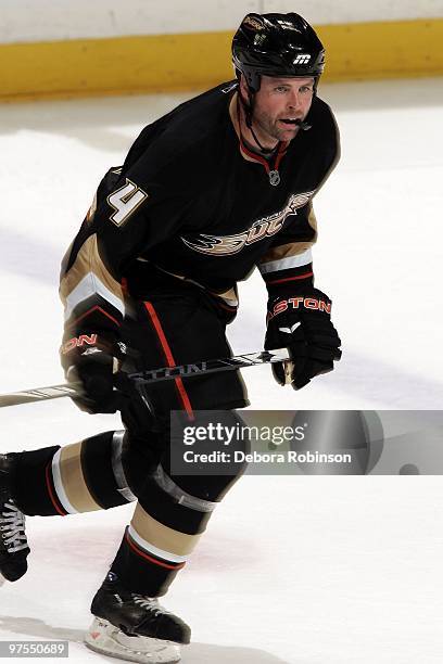 Aaron Ward of the Anaheim Ducks skates on the ice against the Montreal Canadiens during the game on March 7, 2010 at Honda Center in Anaheim,...