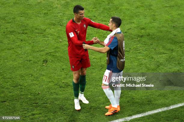 Cristiano Ronaldo of Portugal shakes hands with Lucas Vazquez of Spain during the 2018 FIFA World Cup Russia group B match between Portugal and Spain...