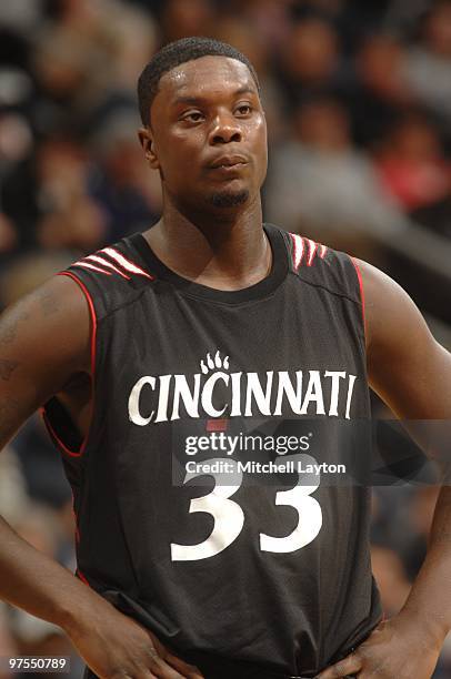 Lance Stephenson of the Cincinnati Bearcats looks on during a college basketball game against the Georgetown Hoyas on March 6, 2010 at Verizon Center...