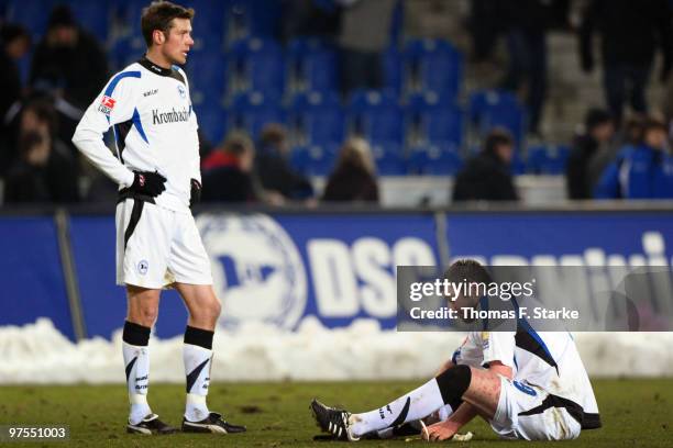 Markus Bollmann and Pavel Fort of Bielefeld look dejected after the Second Bundesliga match between Arminia Bielefeld and Karlsruher SC at the...