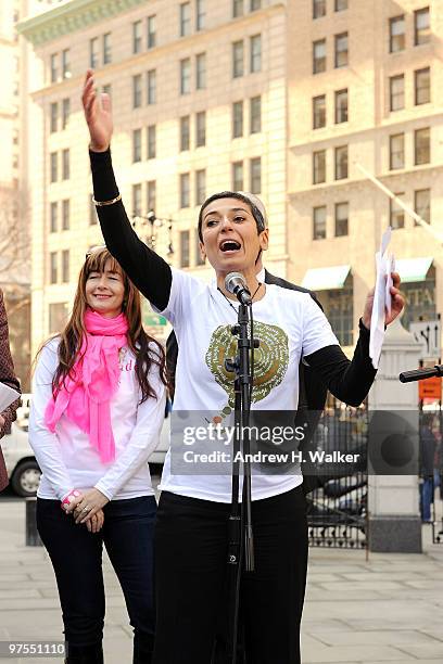 Women for Women International founder Zainab Salbi speaks at the Women For Women International "Join Me On The Bridge" Global Campaign at Brooklyn...