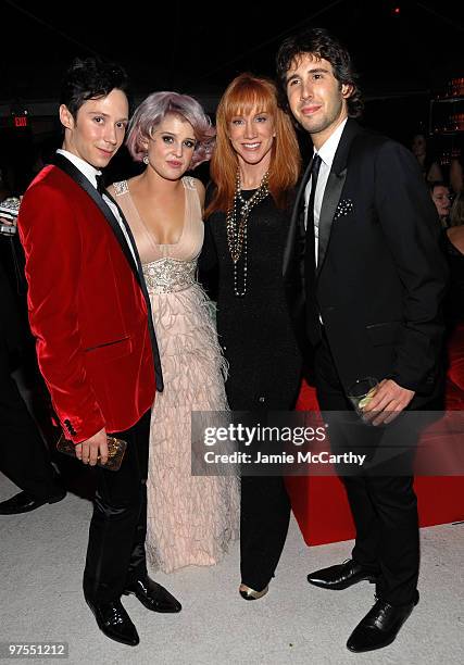 Figure skater Johnny Weir, Kelly Osbourne wearing Sue Wong, comedian Kathy Griffin and musician Josh Groban attend the 18th Annual Elton John AIDS...