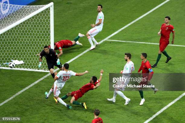 Diego Costa of Spain scores his team's second goal during the 2018 FIFA World Cup Russia group B match between Portugal and Spain at Fisht Stadium on...