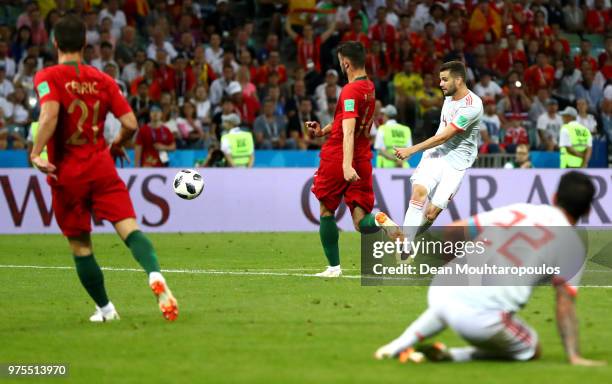 Nacho of Spain scores his team's third goal during the 2018 FIFA World Cup Russia group B match between Portugal and Spain at Fisht Stadium on June...
