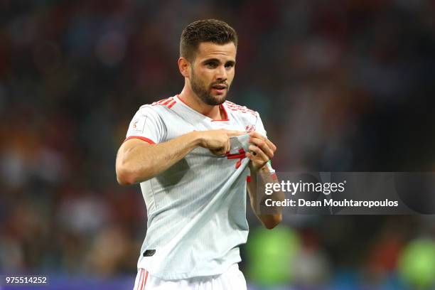 Nacho of Spain celebrates after scoring his team's third goal during the 2018 FIFA World Cup Russia group B match between Portugal and Spain at Fisht...