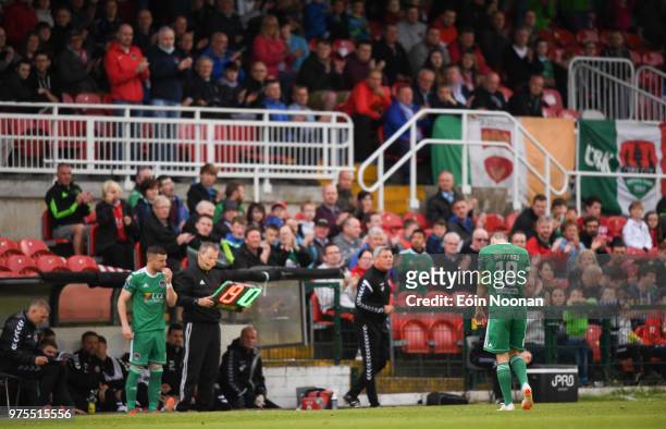 Cork , Ireland - 15 June 2018; Karl Sheppard of Cork City is substituted after a coming together with Shane Supple of Bohemians during the SSE...
