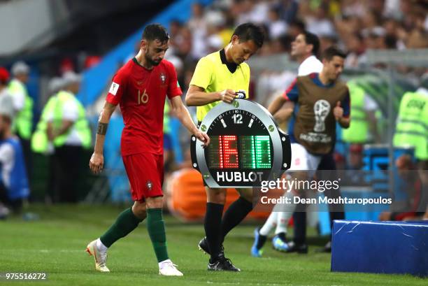 Bruno Fernandes of Portugal is substituted from the pitch during the 2018 FIFA World Cup Russia group B match between Portugal and Spain at Fisht...