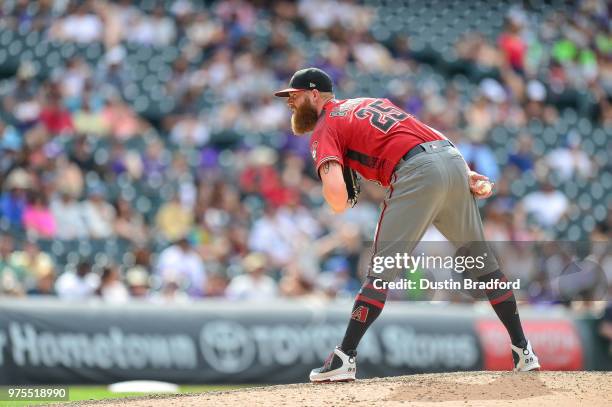 Archie Bradley of the Arizona Diamondbacks pitches against the Colorado Rockies in the ninth inning of a game at Coors Field on June 10, 2018 in...