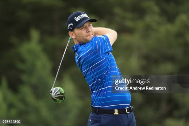 Branden Grace of South Africa plays his shot from the sixth tee during the second round of the 2018 U.S. Open at Shinnecock Hills Golf Club on June...