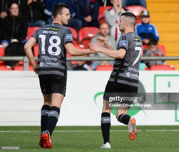 Londonderry , United Kingdom - 15 June 2018; Robbie Benson of Dundalk, left, celebrates with Michael Duffy of Dundalk after scoring his side's first...