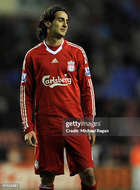 Alberto Aquilani of Liverpool looks dejected during the Barclays Premier League match between Wigan Athletic and Liverpool at the DW Stadium on March...