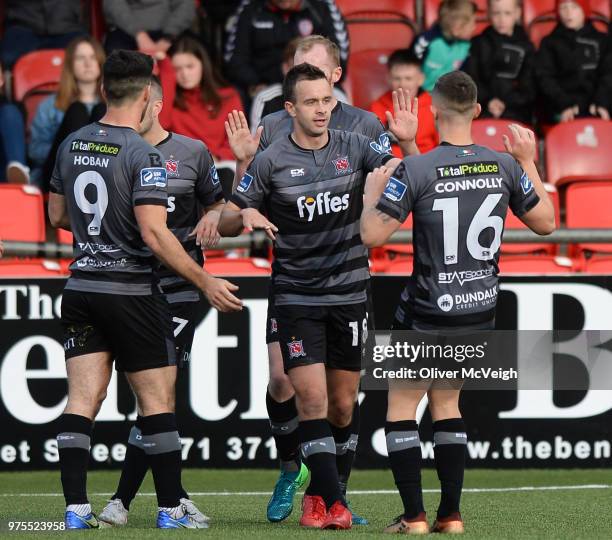 Londonderry , United Kingdom - 15 June 2018; Robbie Benson of Dundalk, centre, celebrates with team-mates after scoring his side's first goal during...