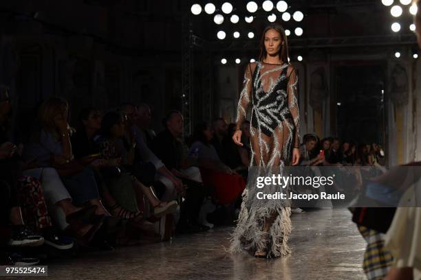 Joan Smalls walks the runway at the Alberta Ferretti show during Milan Men's Fashion Week Spring/Summer 2019 on June 15, 2018 in Milan, Italy.
