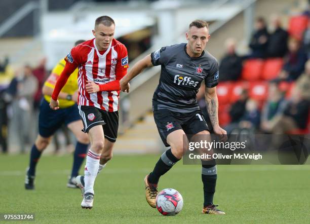 Londonderry , United Kingdom - 15 June 2018; Dylan Connolly of Dundalk in action against Rory Hale of Derry City during the SSE Airtricity League...