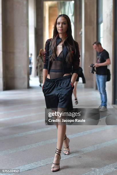 Joan Smalls is seen during Milan Men's Fashion Week Spring/Summer 2019 on June 15, 2018 in Milan, Italy.