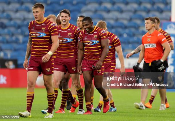 Huddersfield Giants Jermaine McGillvary celebrates after scoring during the Betfred Super League match at the John Smith's Stadium, Huddersfield.