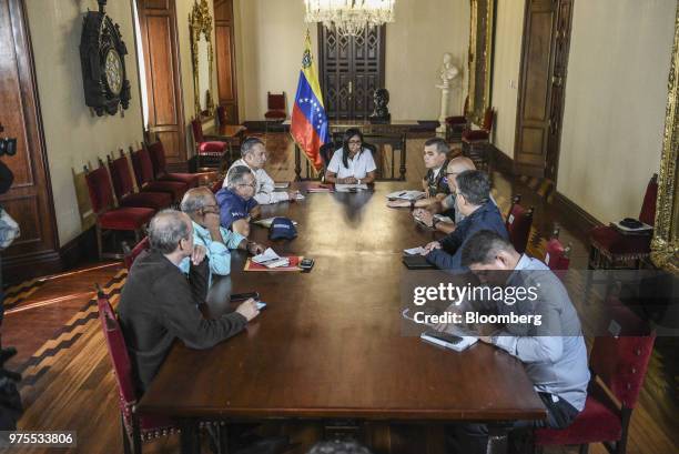 Delcy Rodriguez, Venezuela's vice president, center, speaks during a meeting in Caracas, Venezuela, on Friday, June 15, 2018. Venezuela President...