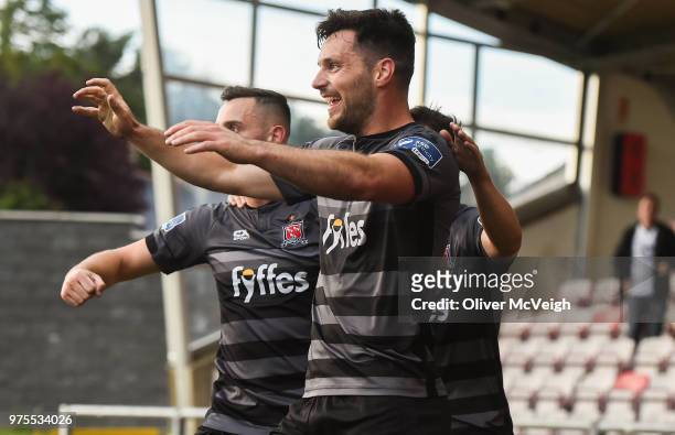 Londonderry , United Kingdom - 15 June 2018; Patrick Hoban of Dundalk celebrates with team-mates after scoring his side's third goal during the SSE...