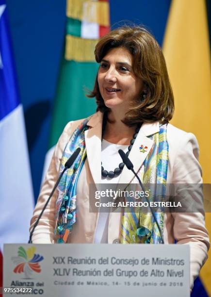 Colombian Foreign Affairs Minister Maria Angela Holguin, offers a press conference during the Pacific Alliance Council of Ministers meeting in Mexico...
