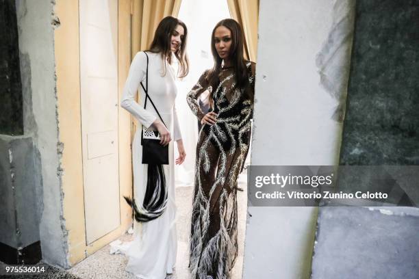 Model Joan Smalls is seen backstage ahead of the Alberta Ferretti show during Milan Men's Fashion Week Spring/Summer 2019 on June 15, 2018 in Milan,...