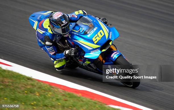 Sylvain Guintoli of France and Team Suzuki ECSTAR rounds the bend during free practice for the MotoGP of Catalunya at Circuit de Catalunya on June...