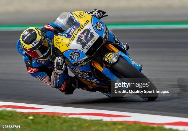 Thomas Luthi of Switzerland and Team EG 0,0 Marc VDS rounds the bend during free practice for the MotoGP of Catalunya at Circuit de Catalunya on June...