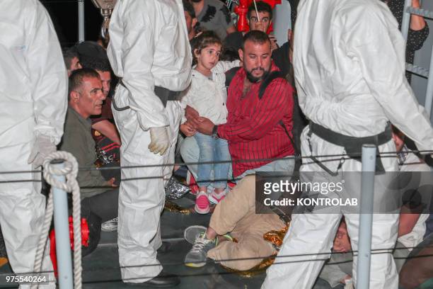 Moment of the landing of 48 Syrian refugees landed at the Port of Crotone in the night, transported by a patrol boat of the Guardia di Finanza of...