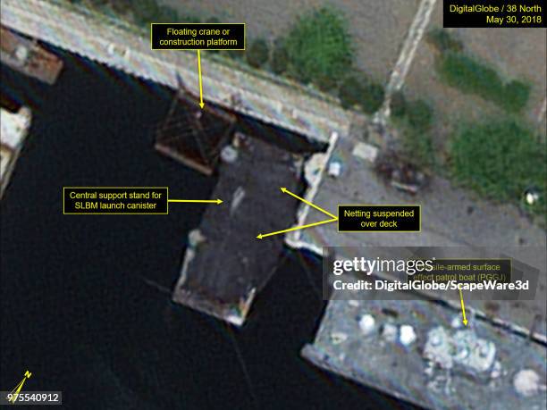 Figure 4. Nampo Navy Shipyard's submersible test stand barge. Mandatory credit for all images: DigitalGlobe via Getty Images/38 North via Getty Images