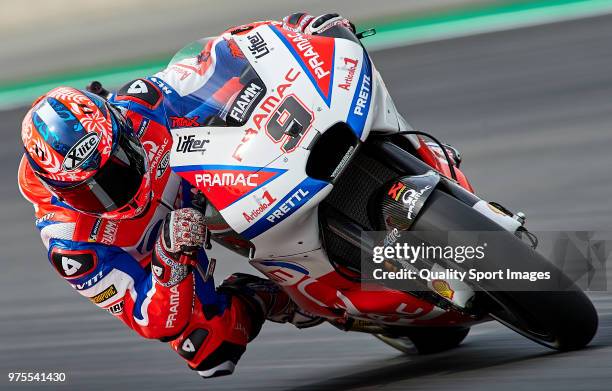 Danilo Petrucci of Italy and Alma Pramac Racing rounds the bend during free practice for the MotoGP of Catalunya at Circuit de Catalunya on June 15,...