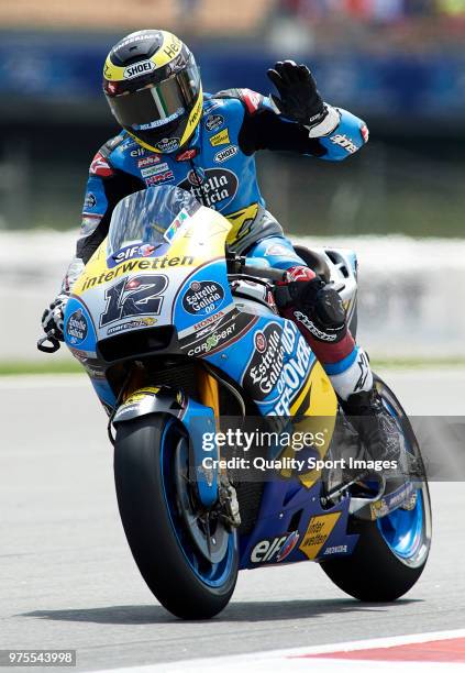 Thomas Luthi of Switzerland and Team EG 0,0 Marc VDS greets the fans after free practice for the MotoGP of Catalunya at Circuit de Catalunya on June...