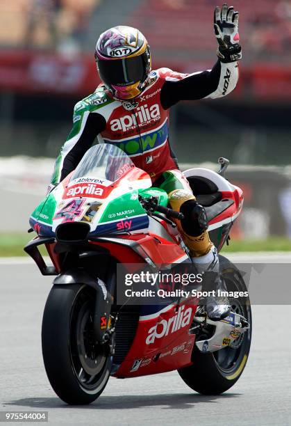 Aleix Espargaro of Spain and Aprilia Racing Team Gresini greets the fans after free practice for the MotoGP of Catalunya at Circuit de Catalunya on...