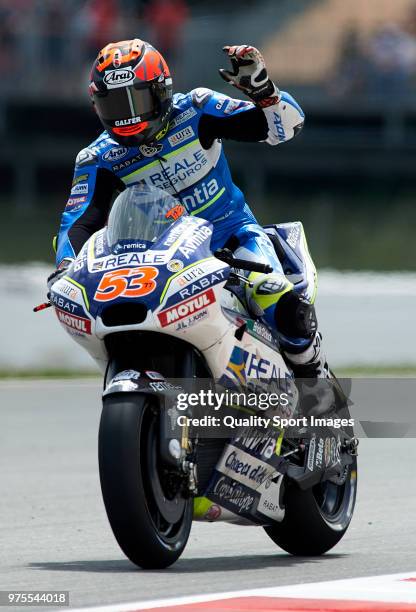 Tito Rabat of Spain and Reale Avintia Racing greets the fans after free practice for the MotoGP of Catalunya at Circuit de Catalunya on June 15, 2018...