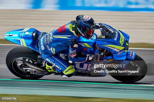 Sylvain Guintoli of France and Team Suzuki ECSTAR rides during free practice for the MotoGP of Catalunya at Circuit de Catalunya on June 15, 2018 in...