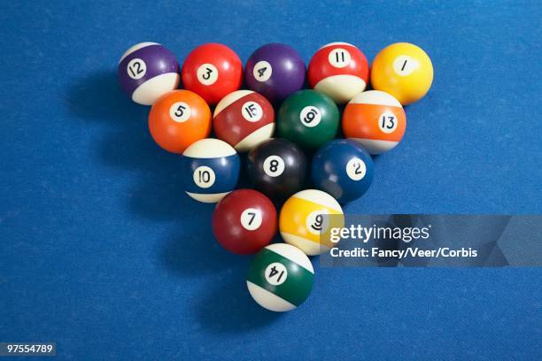 billiard balls arranged on table - snookerkugel stock-fotos und bilder