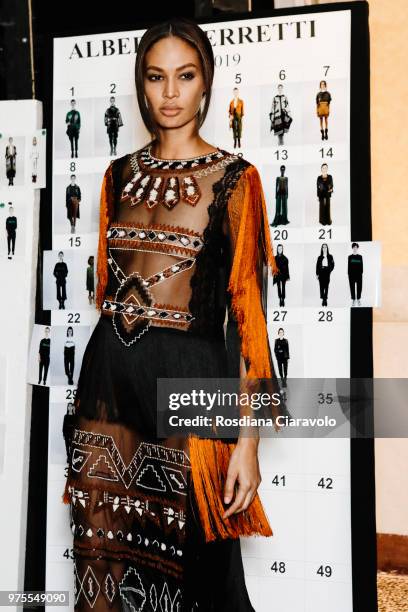 Joan Smalls is seen backstage ahead of the Alberta Ferretti show during Milan Men's Fashion Week Spring/Summer 2019 on June 15, 2018 in Milan, Italy.