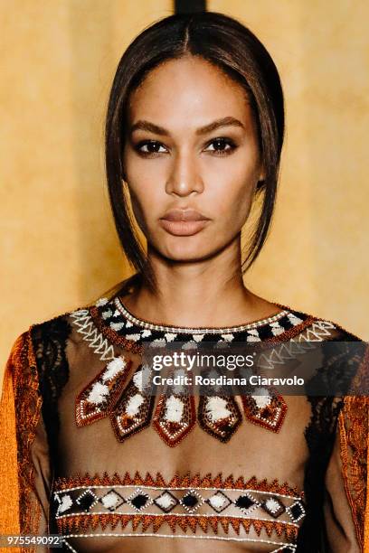 Joan Smalls is seen backstage ahead of the Alberta Ferretti show during Milan Men's Fashion Week Spring/Summer 2019 on June 15, 2018 in Milan, Italy.